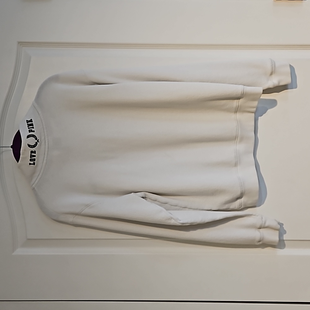 Victoria's Secret PINK Womens M Pullover Sweatshirt Kangaroo Pocket Off White - Picture 2 of 6